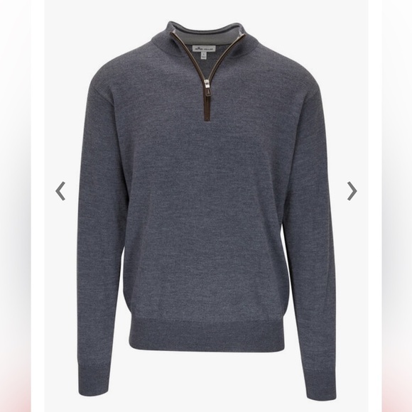 PETER MILLAR Gray Leather Trim Quarter-Zip Merino Wool Pullover Sweater - Picture 1 of 8